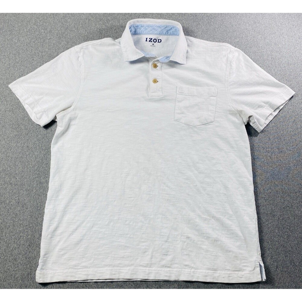 IZOD Polo Shirt Mens Sz M White Solid Short Sleeve Collared Top Golf With Pocket